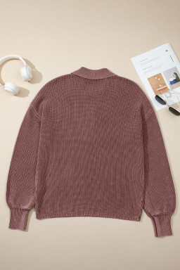 Dark Brown Mineral Washed Knit Button Polo Collar Loose Sweater