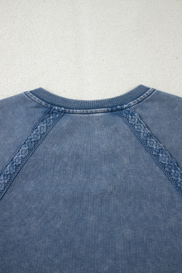 Sail Blue Lace Applique Notched Neck Mineral Wash Baggy Sweatshirt