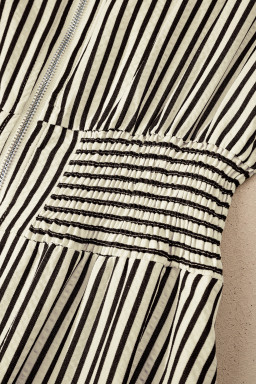 Black Striped V Neck Zip Front Cinched High Waist Midi Dress