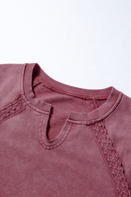 Red Dahlia Lace Applique Notched Neck Mineral Wash Baggy Sweatshirt