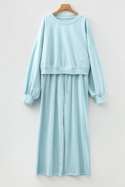 Mist Blue Drop Shoulder Crop Pullover Drawstring Wide Leg Pants Set