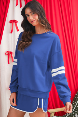 Sky Blue Varsity Stripe Detail Drop Shoulder Pullover Mini Skort Set