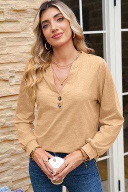 Light French Beige Casual Button V Neck Long Sleeve T-Shirt