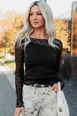 Black Asymmetric Panels Sheer Floral Lace Patchwork Long Sleeve Top