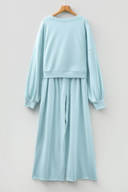 Mist Blue Drop Shoulder Crop Pullover Drawstring Wide Leg Pants Set