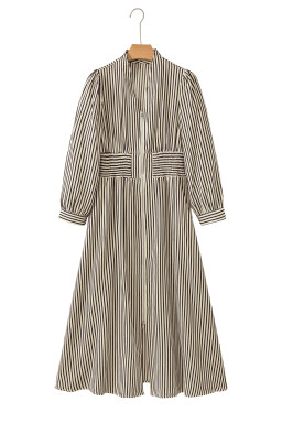 Black Striped V Neck Zip Front Cinched High Waist Midi Dress