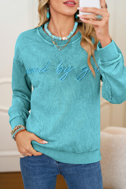 Sea Green  saved by grace Letter Embroidery Mineral Wash Loose Sweatshirt
