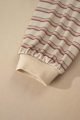 Parchment Striped Raglan Sleeve Notched Neck Raw Edge Plus Size Jumper