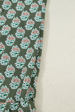 Green Contrast Striped Frilled Collar 3/4 Sleeve Plus Size Floral Dress