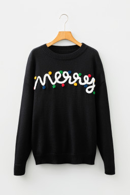 Black Merry Colorful Dot Detail Christmas Dolman Sweater