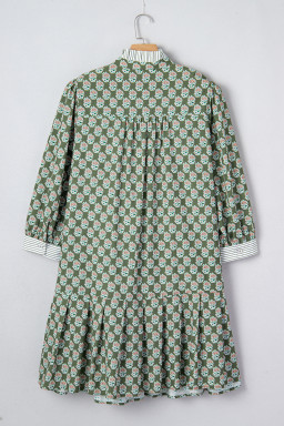 Green Contrast Striped Frilled Collar 3/4 Sleeve Plus Size Floral Dress