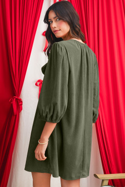 Moss Green Split Neck Scallop Detail Pleated Corduroy Mini Dress