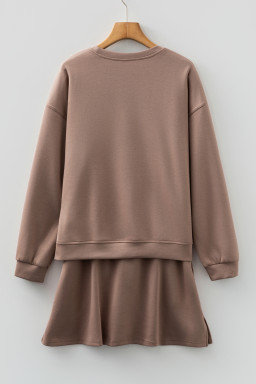 Coffee Solid Color Drop Shoulder Pullover Drawstring Mini Skirt Set