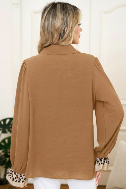 Camel Leopard Contrast V Neck Long Sleeve Blouse