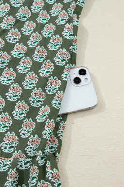 Green Contrast Striped Frilled Collar 3/4 Sleeve Plus Size Floral Dress