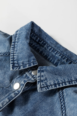 Blue Chest Pocket Raw Hem Denim Loose Shirt Dress