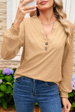 Light French Beige Casual Button V Neck Long Sleeve T-Shirt
