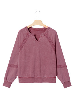 Red Dahlia Lace Applique Notched Neck Mineral Wash Baggy Sweatshirt