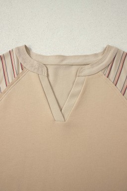 Parchment Striped Raglan Sleeve Notched Neck Raw Edge Plus Size Jumper