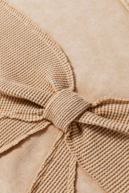Light French Beige Mineral Wash Waffle Bow Patched Pullover Sweatshirt