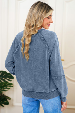 Sail Blue Lace Applique Notched Neck Mineral Wash Baggy Sweatshirt