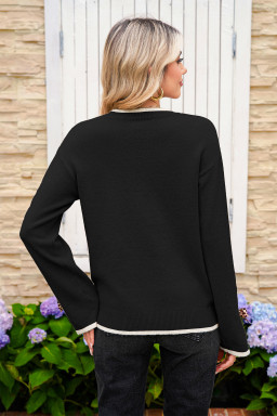 Black Leopard Bow Decor Split Cuffs Contrast Trim Sweater