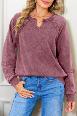 Red Dahlia Lace Applique Notched Neck Mineral Wash Baggy Sweatshirt