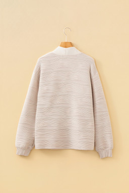 Parchment Solid Color Zipper V Neck Pullover Sweatshirt