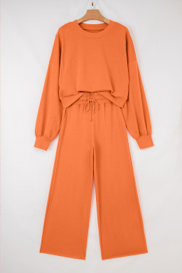 Flamingo Drop Shoulder Crop Pullover Drawstring Wide Leg Pants Set