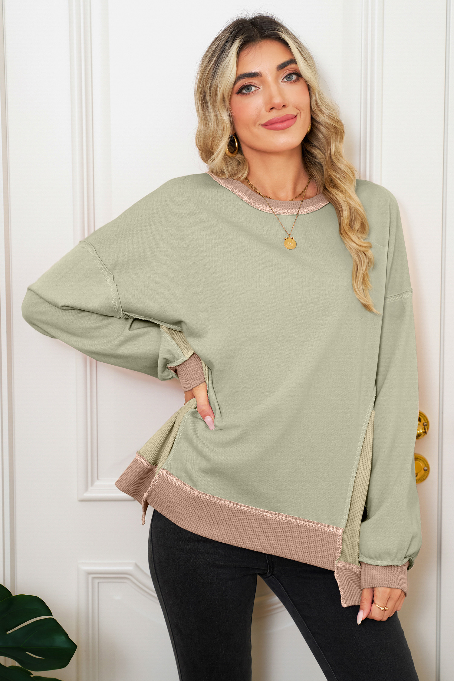 Smoke Green Colorblock Waffle Patchwork Oversize Sweatshirt