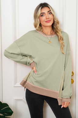 Smoke Green Colorblock Waffle Patchwork Oversize Sweatshirt
