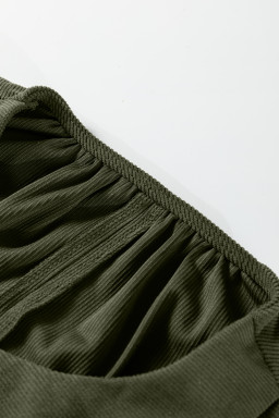 Moss Green Split Neck Scallop Detail Pleated Corduroy Mini Dress