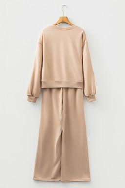 Oatmeal Varsity Striped Detail Cropped Pullover Wide Leg Pants 2pcs Outfit