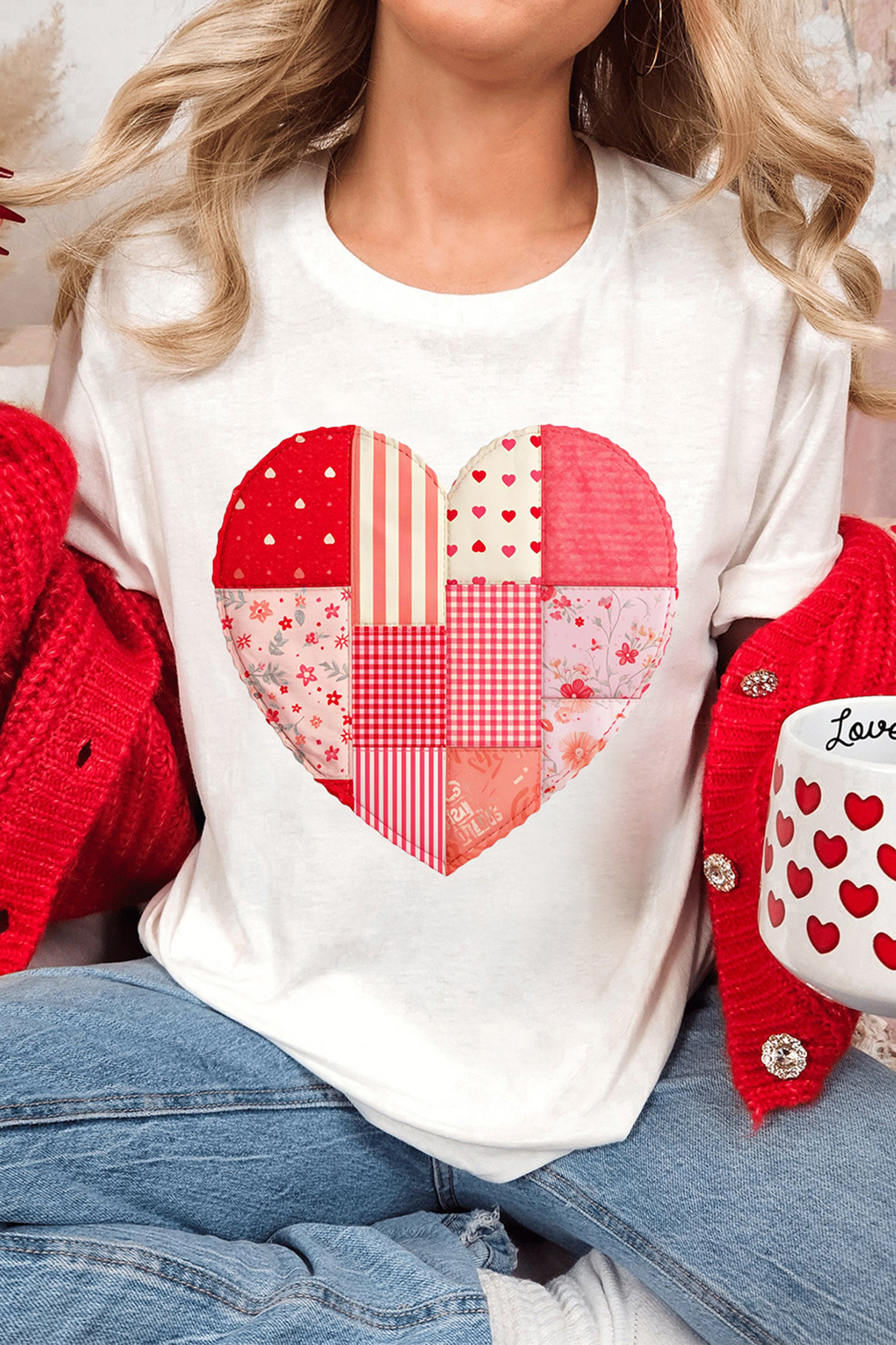 White Floral Plaid Mixed Patchwork Heart-shape Graphic T Shirt