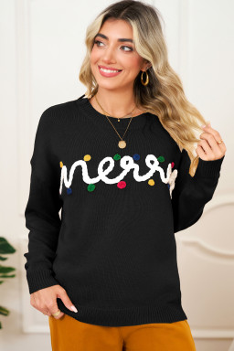 Black Merry Colorful Dot Detail Christmas Dolman Sweater