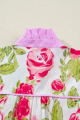 Pink Flower Print Striped Trim Frilled Collar Short Sleeve Shirt
