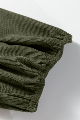 Moss Green Split Neck Scallop Detail Pleated Corduroy Mini Dress