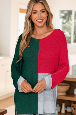 Evergreen Color Block Knit V Neck Loose Sweater