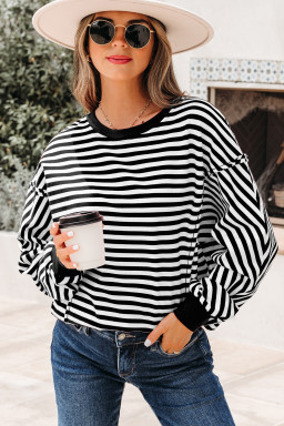 Black Stripe Exposed Seam Drop Shoulder Casual Pullover Top