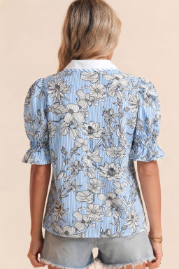 Sky Blue Floral Striped Printed Polo Collar Short Sleeve Blouse