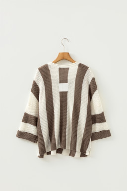Brown Stripe Colorblock V Neck Bracelet Sleeve Sweater