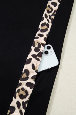 Black Plus Size Leopard Print Patchwork Shift T Shirt Dress with Pockets