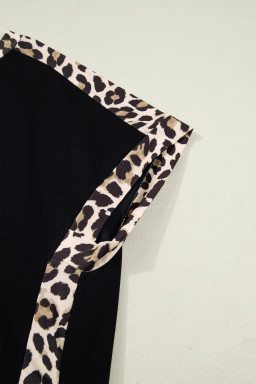 Black Plus Size Leopard Print Patchwork Shift T Shirt Dress with Pockets