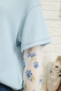 Beau Blue Floral Lace Sleeve Patchwork Waffle Fake Two-piece Top