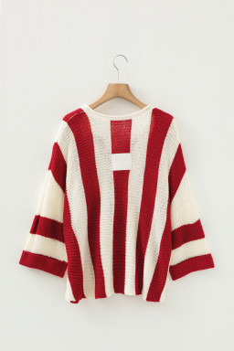 Red Stripe Colorblock V Neck Bracelet Sleeve Sweater