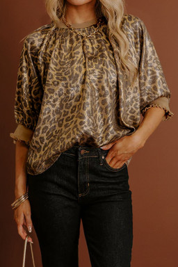 Gold  Half Sleeve Metallic Leopard Print Blouse