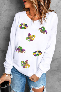 White Mardi Gras Sequin Crown Fleur De Lis Pullover Sweatshirt