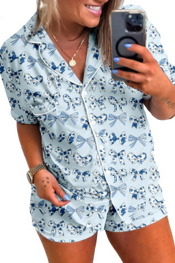 Sky Blue Bow Print Short Pajama Set