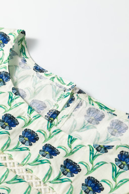 Green Floral Print Lace Detail Ruffle Trim Long Sleeve Blouse