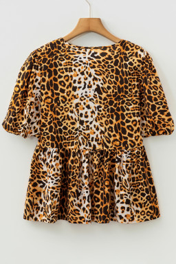 Leopard Print Short Puff Sleeve Slit Neck Babydoll Blouse
